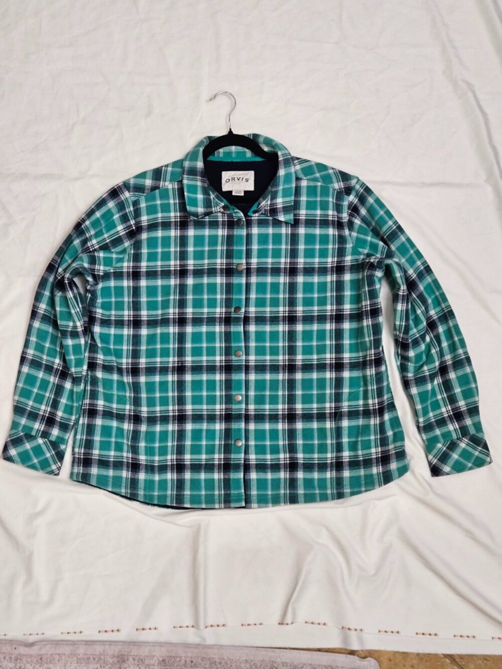 Orvis Women's 2XL Emerald Green Plaid Fleece-Lined Flannel Snap Button Shirt